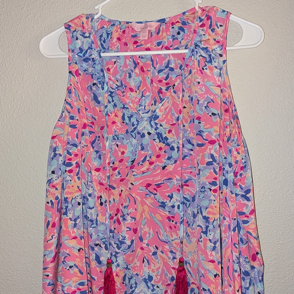 Lilly Pulitzer Floral Tassel Tie Sleeveless Blouse Pink Blue Boho Flowy Top